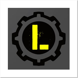 Yellow Letter L in a Black Industrial Cog Posters and Art